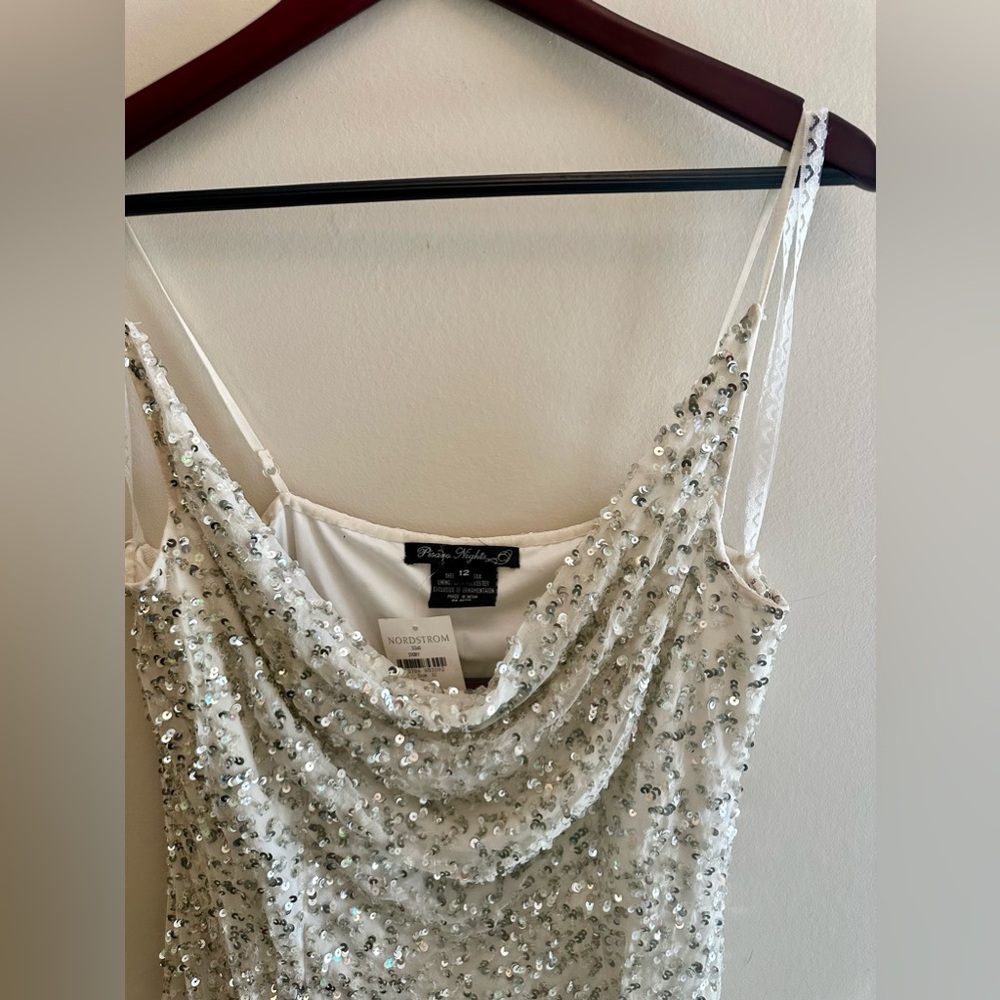 Pizarro Nights Cowl Neck Mini Lined adjustable straps white & silver sequins.